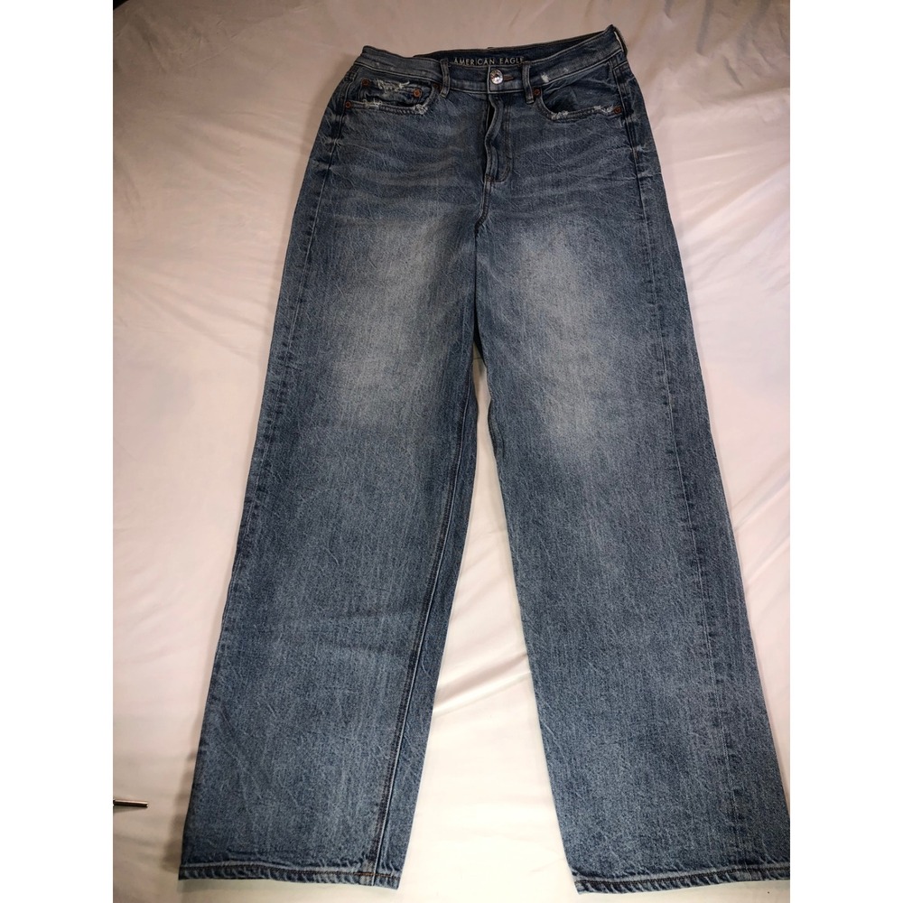 American Eagle Baggy Jean Womens 10‎ Blue Distressed High Rise Wide Leg Denim
